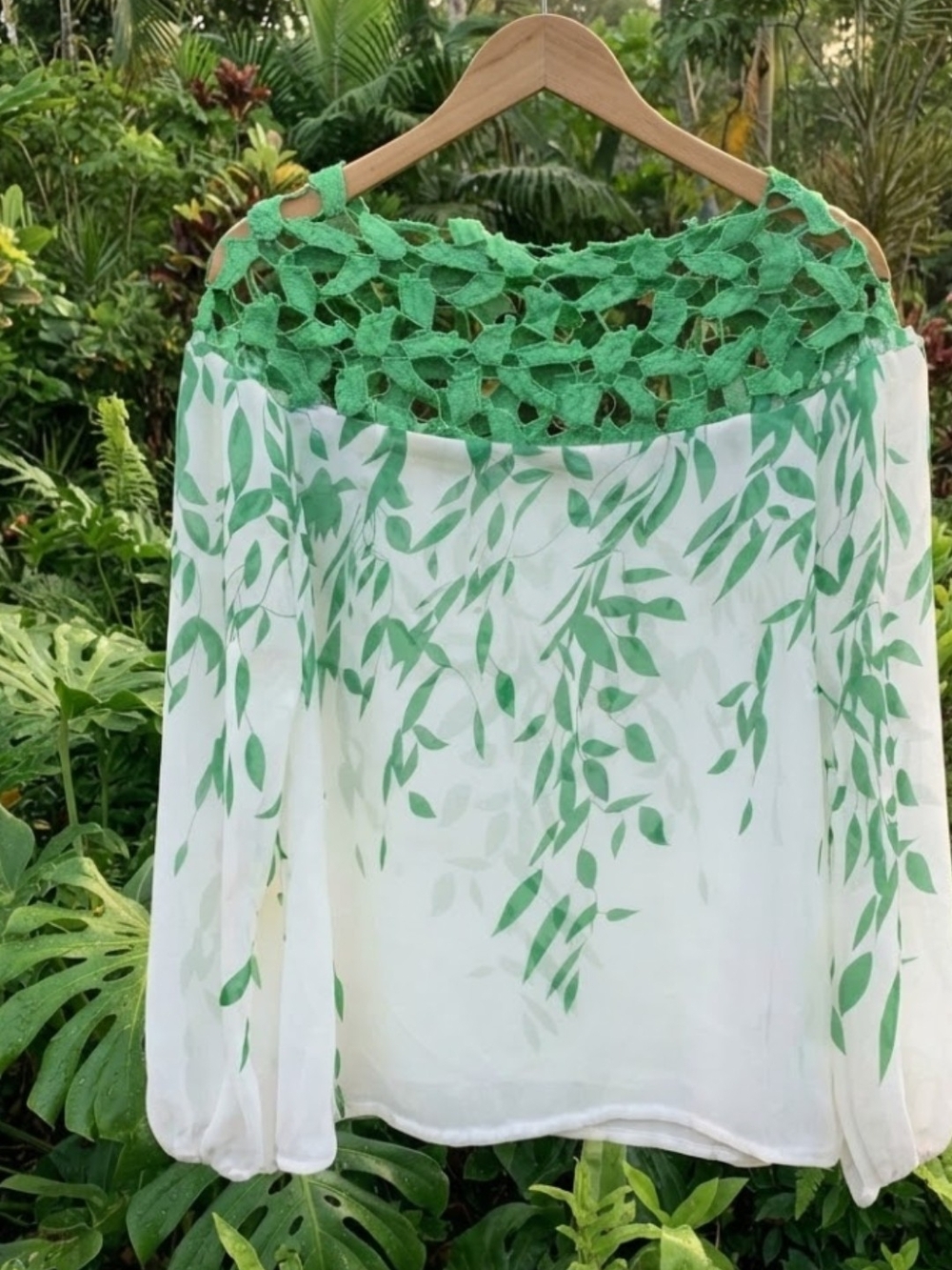 Gorgeous Summer Chiffon Blouse with Green Leaf Print & Crochet Neckline โ Size L